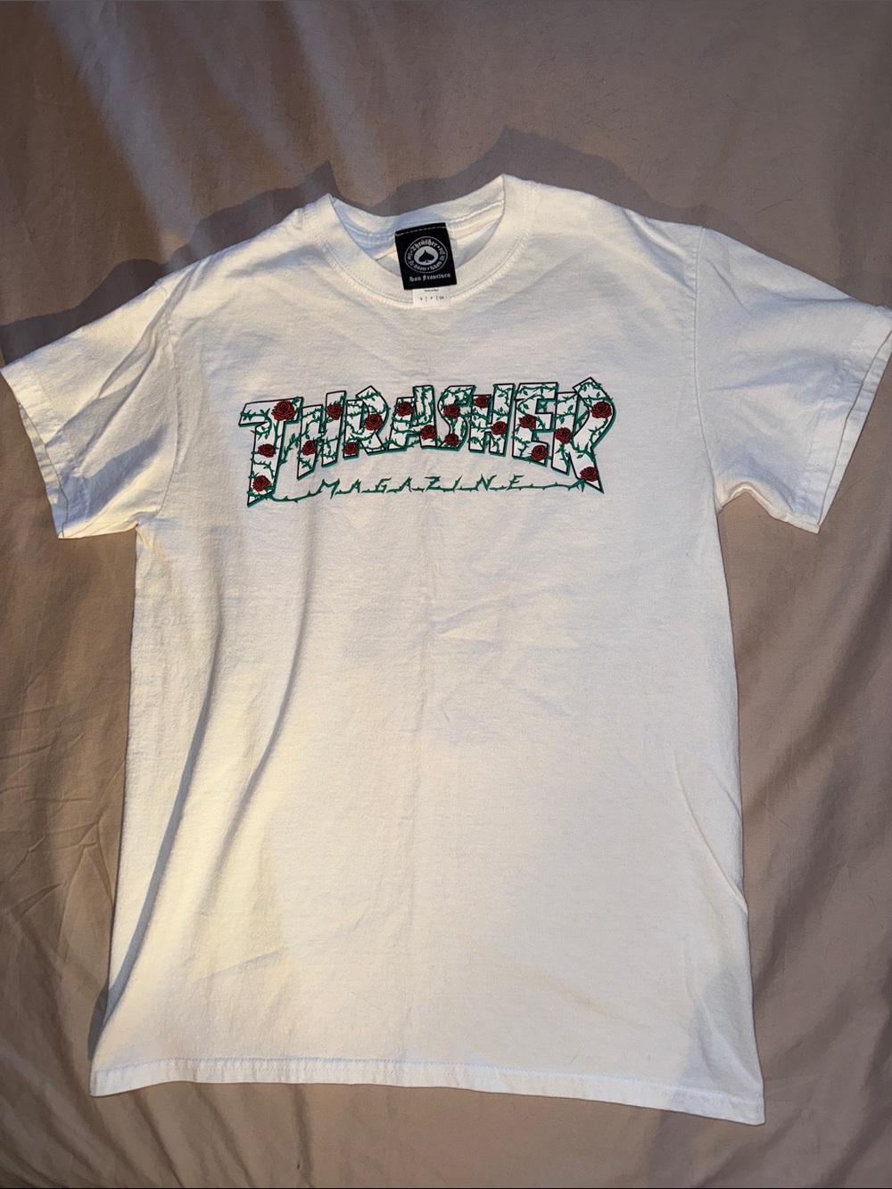 Thrasher White T-Shirt with Green & Red Floral Logo